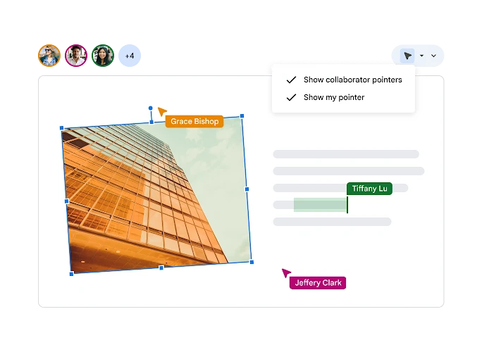 Цветные указатели участников на общем слайде Google Slides